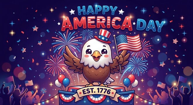 American patriotic eagle character with uncle sam hat and flag