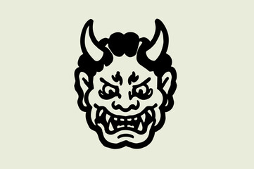 Fototapeta premium Traditional Japanese Oni Mask Illustration, Demon Folklore Symbol, Minimalist Black and White Ink Drawing