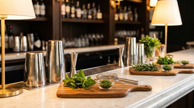 Professional cocktail shakers and fresh green herbs on a marble bar counter in a luxury lounge setting with barware tools and wooden cutting boards for mixology preparation