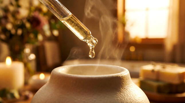 Aromatherapy setup with essential oil being poured into a diffuser