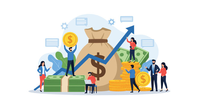 Financial growth and prosperity illustrated with business people managing large sums of money, stacks of cash, and rising charts.