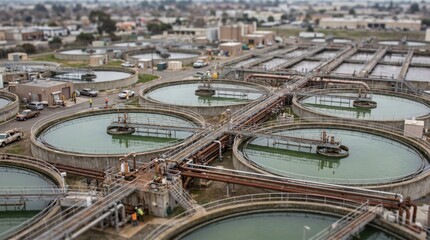 Fototapeta premium Wastewater treatment plant with circular sedimentation tanks and industrial infrastructure for water purification and environmental management in a large facility