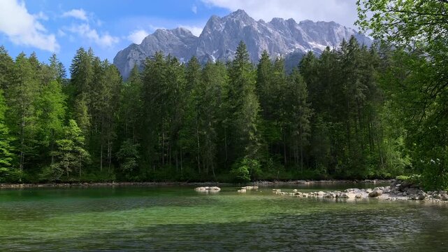 Badersee in Spring with the Zugspitze Group, Wetterstein Mountains, the Zugspitze Village of Grainau, Werdenfelser Land, Bavarian Alps, Upper Bavaria, Bavaria, Germany