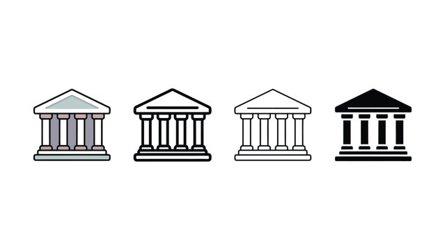 Four different colored illustrations of ancient greek or roman temple icons