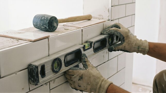 Tiler using spirit level to align white ceramic tiles on wall. Professional worker performing home renovation. Maintenance and construction industry concept for interior finishing job.