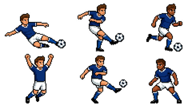 Soccer player kicking ball in motion.pixel art,8 bit