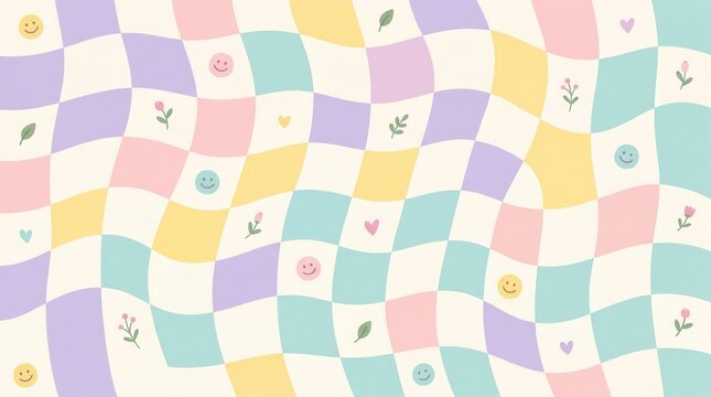Pastel wavy checkerboard: cheerful smileys, flowers, hearts, leaves
