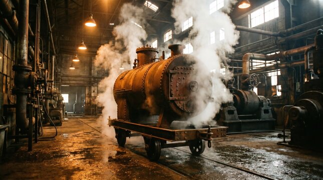 Large rusty industrial steam boiler on rails emitting thick white smoke inside a dark vintage factory with pipes and valves under dim hanging lights