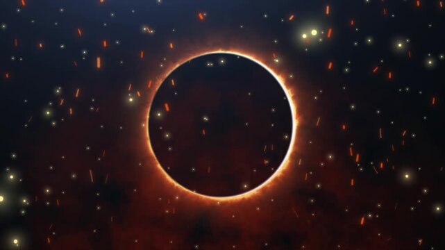 Partial Solar Eclipse in Night Sky with Glowing Orange Moon and Stars