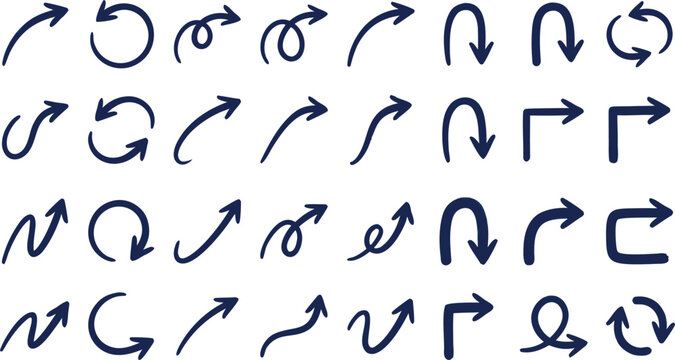 Collection of hand drawn blue arrows with various shapes and directions