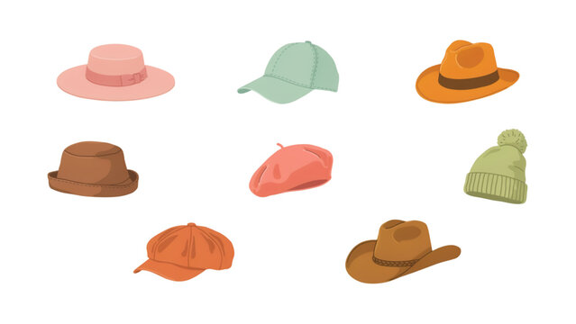 Colorful collection of cartoon hats and caps in flat design style Vector