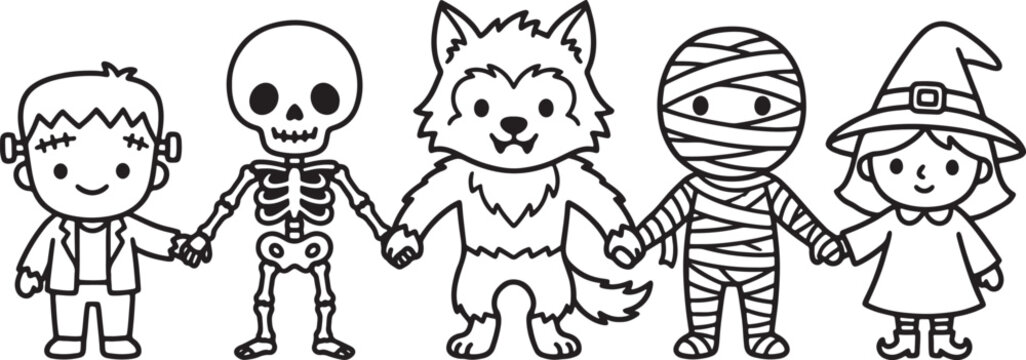Cute cartoon halloween characters holding hands line up including frankenstein monster skeleton werewolf mummy and little witch for greeting card holiday print.