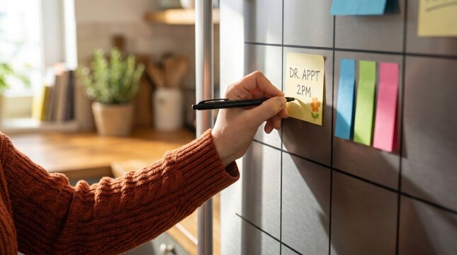 A person in an orange sweater writes a 2 PM doctor appointment reminder on a sticky note placed on a tiled wall with other colorful sticky notes.