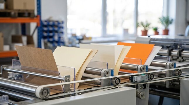 Industrial paper processing machine with colorful sheets of paper moving through metal rollers in a professional printing house or packaging facility for production