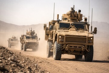 Fototapeta premium Armored military vehicles driving in a convoy across a dusty desert road during a tactical patrol mission with sand-colored camouflage and heavy equipment