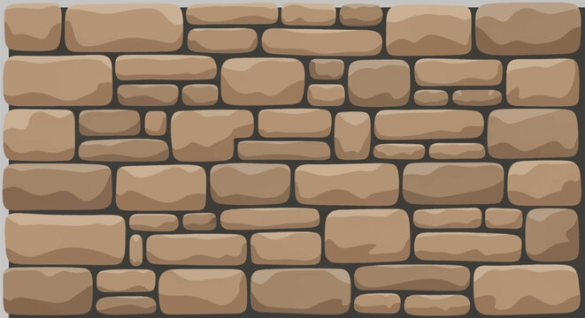 Vector illustration of a stylized stone wall texture featuring irregular, rounded brown rocks and boulders arranged in uneven rows with dark grey mortar gaps, suitable for digital assets.