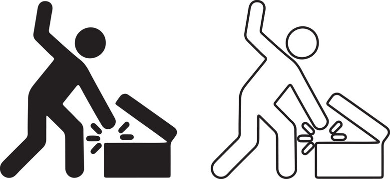 Worker opening box with crowbar icon, cargo logistics delivery, flat and outline vector