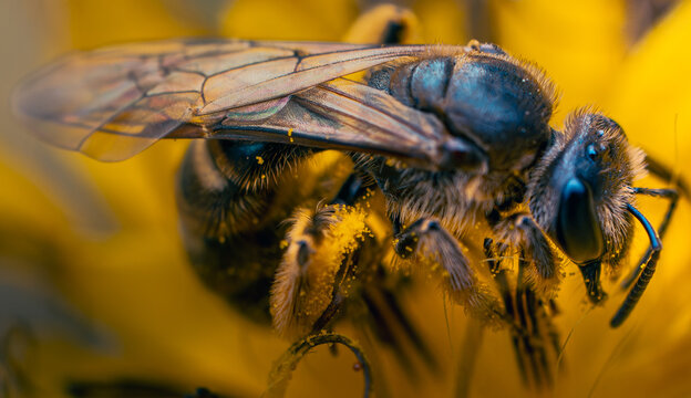 Macro photo of bee collecting pollen
