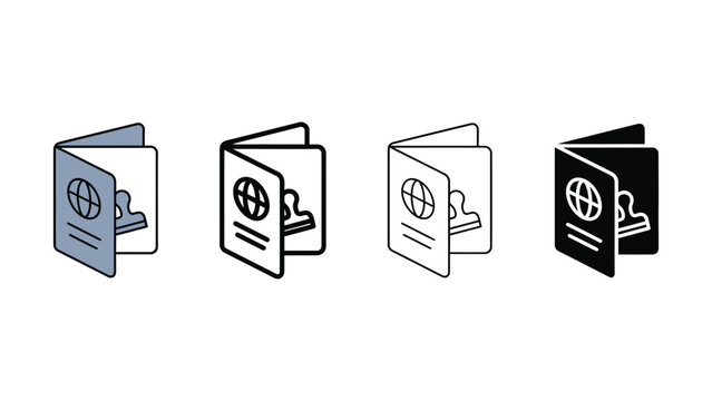 Four different passport icons with globe stamps on white background