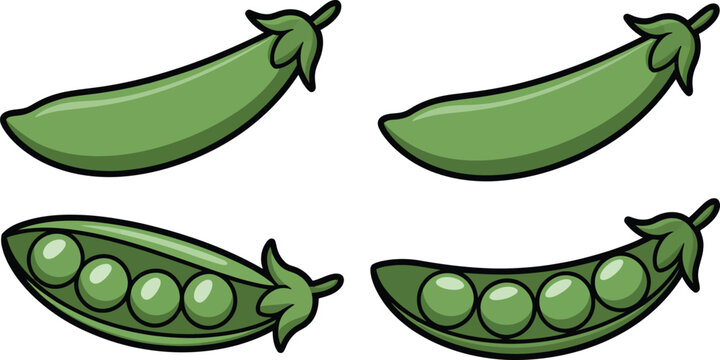 Pea pod icon set, vegetable vector icons showing whole and split pods for fresh food branding recipe and culinary graphics.