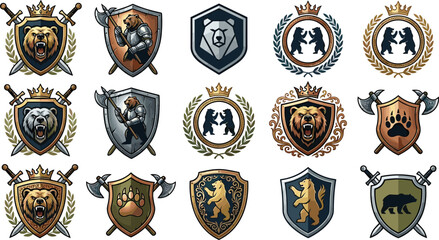Medieval Bear Crest and Heraldic Shield Icon Set with Angry Grizzly Mascot Swords Axes Crown and Laurel Wreath Symbols for Esport and Tactical Logos © MDTaharul