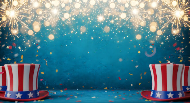 Festive fourth of july backdrop with uncle sam hats and sparkling fireworks display