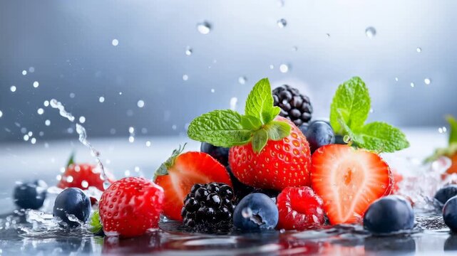 Fresh delicious assorted berries with green mint leaves splashing in clear water drops on blue background