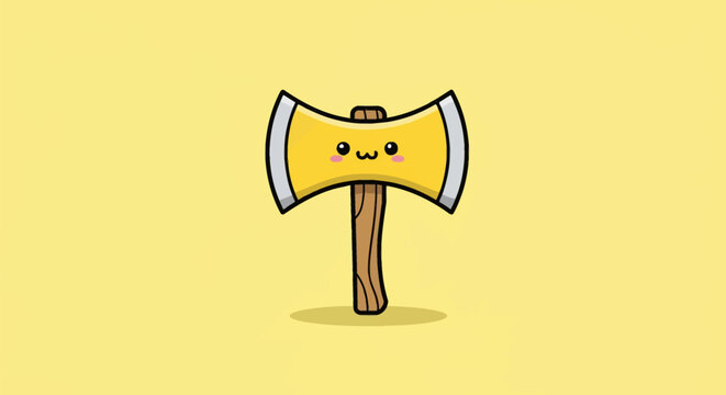 Kawaii yellow double-headed battle axe illustration featuring a cute smiling face with pink cheeks. Flat vector design with a brown wood-grain handle and silver blade edges on a yellow background.