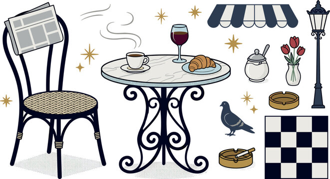 Parisian Cafe Bistro Set with French Coffee, Croissant, Wine, Chair, Newspaper and Street Elements for European Breakfast, Travel, Restaurant, Cozy Outdoor Dining and Vintage Lifestyle Illustration