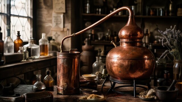  Vintage copper alembic still on a wooden workbench in an alchemist's workshop with a blurred background. 