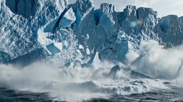 Close-up of massive blue glacier wall featuring sharp geometric triangular cracks and ice shards on the frozen surface, illustrating climate change and melting in arctic waters.