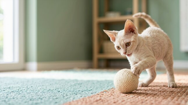 Playful Devon Rex kitten batting at a twine ball toy on a rug. Active cream colored purebred young cat indoors. Domestic feline activity and entertainment