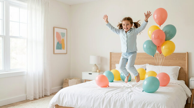 Cheerful girl jumping on a bed with colorful balloons. Happy child wearing pajamas playing in a bright modern bedroom. Birthday celebration and childhood energy