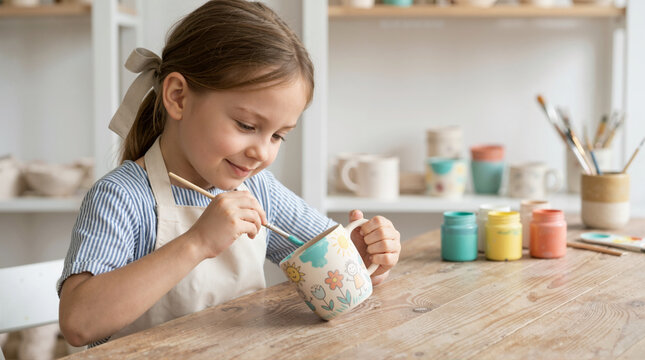 Young girl painting a ceramic mug in a pottery studio. Child wearing an apron decorating handmade craft with colorful paints at a wooden table. Creative hobby and art education concept