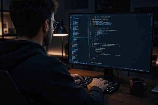 Software developer working on computer code late at night in a dark office environment while typing on a mechanical keyboard and looking at a monitor with programming script