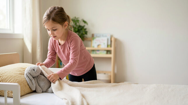 Young girl tucking a plush bunny toy into bed under a blanket. Child playing and practicing caregiving in a bright bedroom. Copy space for text