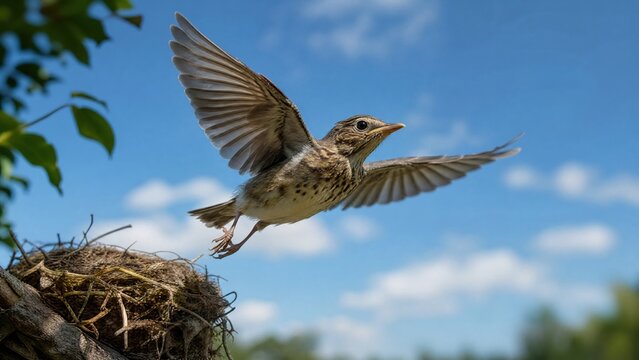 A fledgling bird takes its first flight from the nest. 