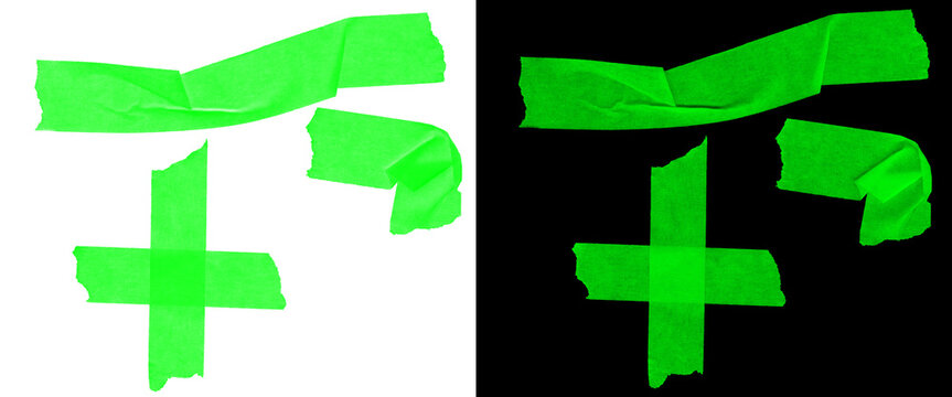 Neon green masking tape strips and cross, fluorescent adhesive gaffer tape pieces, bright lime paper tape set on white and black backgrounds