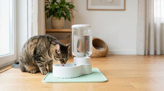 Tabby cat drinking from a white gravity water dispenser. Domestic feline hydrating indoors on a wooden floor. Pet care and feeding concept