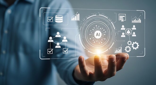 A person holding a transparent digital screen showing artificial intelligence and data management symbols for modern business technology solutions