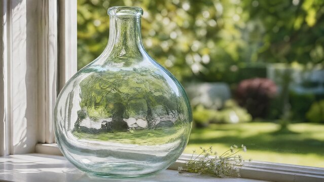 A glass demijohn on a windowsill refracting a sunlit garden view. 