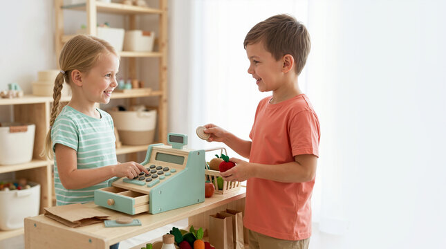 Children playing pretend grocery store with a wooden toy cash register. Little girl acting as cashier while a boy pays with a toy coin for an apple. Educational roleplay and childhood imagination