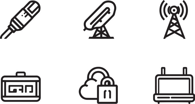 Telecommunications and Cloud Security Icon Set: Wireless Technology and Data Infrastructure Elements