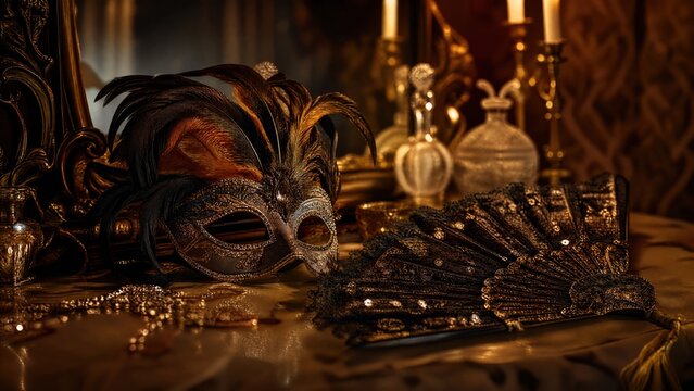 Feathered mask and sequined fan on vanity table, soft candlelight. 
