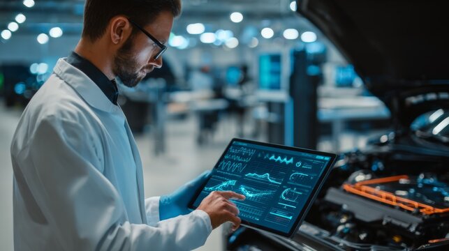 Engineer Reviewing Diagnostic Data on Electric Vehicle System in Workshop with Advanced Technology and Tools