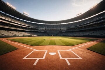 Obraz premium Empty baseball stadium at sunset.