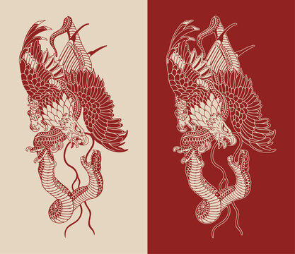 Traditional Japanese Eagle and Snake Battle Decorative Vector