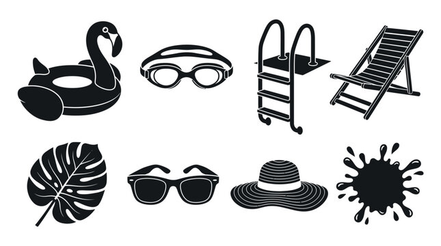 black silhouette vector, isolated, white background, summer, Summer vacation icons, beach symbols, pool illustrations, tropical graphics isolated on White Background