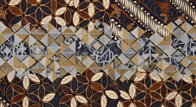 Indonesian Batik Fabric Collage Floral and Geometric Patterns Traditional Textile Art