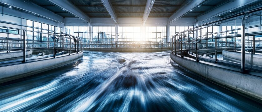 Water treatment facility with flowing water under bright windows at sunrise